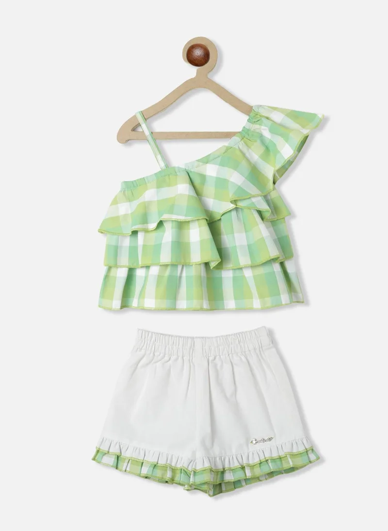 Nautinati Girls' Cotton Gingham Printed Single Shouldered Ruffled Top and Shorts Clothing Set